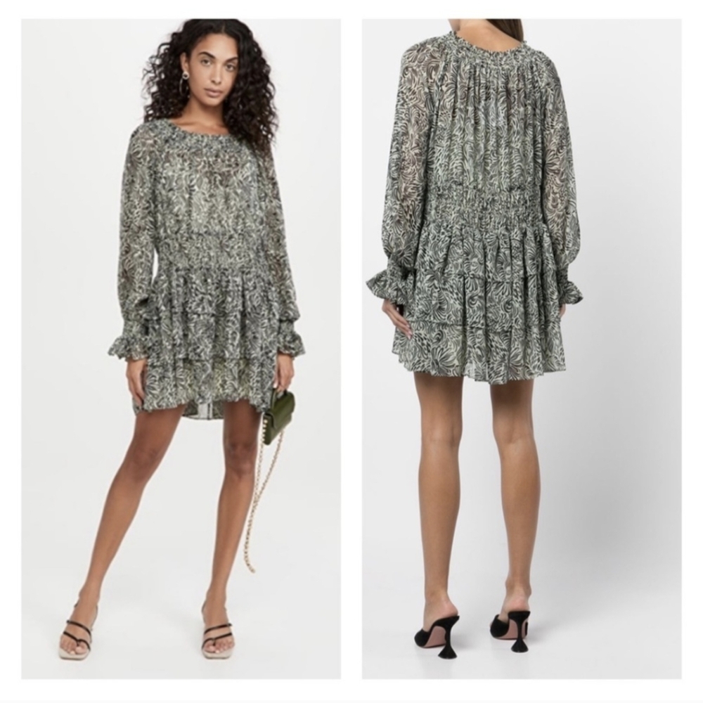CINQ A SEPT Janelle long sleeve mini dress ruffly light green and black …